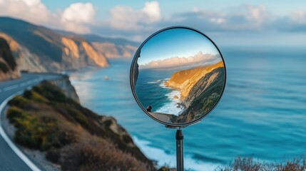 A spherical road mirror at a coastal highway curve, showing the ocean and cliffs in the reflection