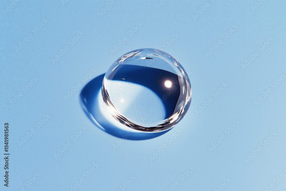 Poster a perfectly centered raindrop on a smooth, gradient blue surface.