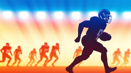 A silhouetted American football player running with the ball against a colorful stadium background, showcasing energy, sport, and competition.