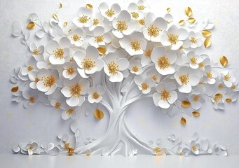 3D wallpaper featuring a white tree with golden flowers, set against a white background.