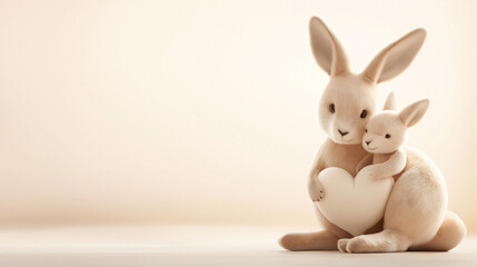 Obraz premium Mother and baby bunny holding a heart on soft beige background