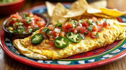 A spicy omelet with jalapeos and salsa, served on a colorful plate with a side of tortilla chips