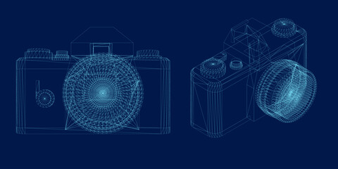 Photo camera wireframe set. Front, isometric view. Vector illustration