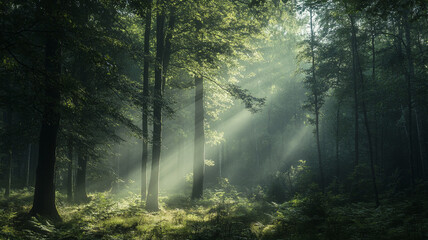 Sunbeams in the Forest: Mystical light streams through the dense canopy of a lush green forest, illuminating the forest floor in an ethereal glow.  A serene and enchanting scene. 