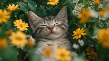 Kitten Sleeping Peacefully Among Yellow Flowers