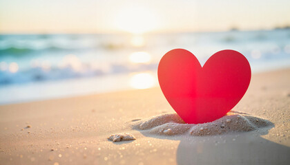 Fototapeta premium Red heart paper cutout resting in the sand on a sunny beach, symbolizing love and romance in a serene outdoor setting