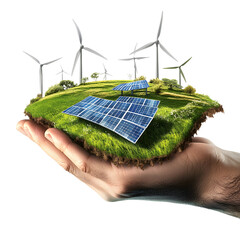 Hand holding wind turbine with solar panels representing renewable energy and clean power