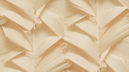 Close-up of a textured, creamy white surface featuring layered, leaf-like formations, creating a captivating visual rhythm.