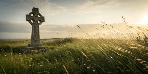 A historic Celtic cross stands in a sunlit field of tall grass, bathed in golden hour light with a serene and tranquil atmosphere, perfect for spiritual themes.