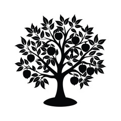 vector design of Pomegranate Tree (Punica granatum), labeled vector art, linocut silhouette illustration.