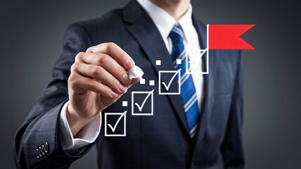 Businessman Checking Boxes Achieving Goal with Flag