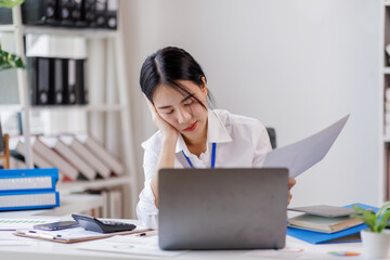 Tired young woman feel pain eye strain holding glasses rubbing dry irritated eyes fatigue from computer work, stressed woman suffer from headache bad vision sight problem sit at workplace using laptop