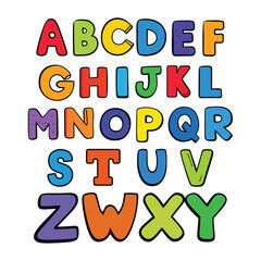 funny colorful cartoon alphabet poster featuring rounded bold letters in rainbow colors with a black outline. perfect for kids' birthday cards, baby showers, or as an educational nursery print.