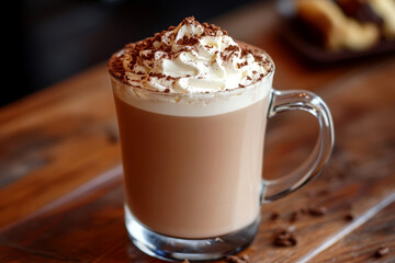 Creamy Hot Chocolate with Whipped Cream and Cocoa Powder in a Glass Mug