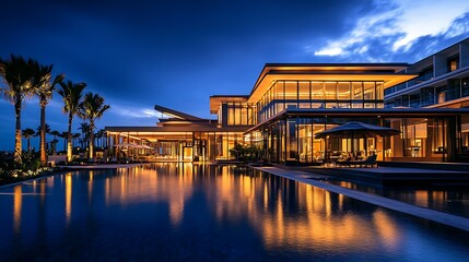 Illuminated building dramatically reflects pool during twilight wide shot photo.. AI Generated