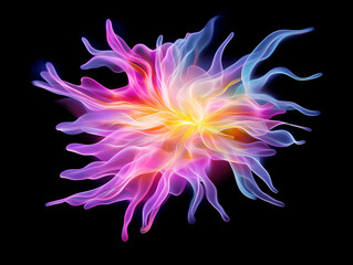 Obraz premium An abstract glowing colorful object resembling energy or plasma against a dark black background. Ideal for technology, power, and futuristic concepts.