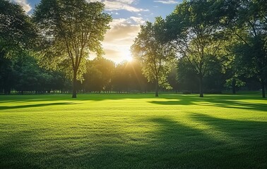 Obraz premium Beautiful green lawn with trees in the park, sunlight shining through clouds on the grass, creating a serene and peaceful atmosphere.