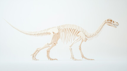 A dinosaur skeleton displayed in full, isolated on a white background for a clean and detailed view