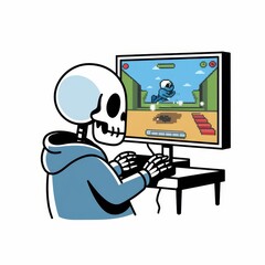 Skeleton Playing Retro Video Game on Computer