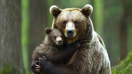 Obraz premium Mother Bear and Cub Embrace in the Forest. AI Generated