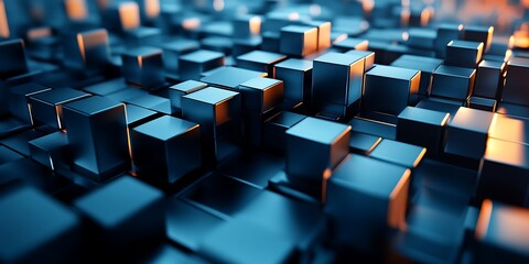 Obraz premium Abstract 3D render of metallic cubes, dark blue and orange hues, reflecting light.