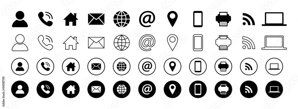Wall mural essential business contact message user interface icons set. flat web outline circular style icon co