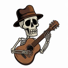 Fototapeta premium Skeleton Musician Playing Acoustic Guitar Wearing a Hat