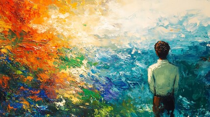 Fototapeta premium Person gazing at vibrant abstract digital painting, expressive artwork. AI Generated