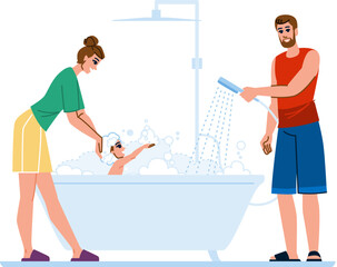safety child bath vector. tub soap, bubbles water, temperature towel safety child bath character. people flat cartoon illustration