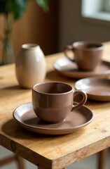closeup of wooden coffee table with mocha mousse ceramic plates and cups. tea ceremony in minimalistic, warm setting. cozy dining concept, rustic decor inspiration.