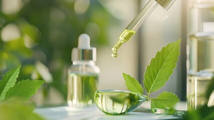 Close up shot of a CBD oil dropper releasing its contents onto a medical spoon surrounded by fresh green hemp leaves and various health related documents