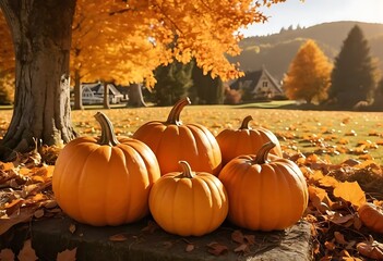 Pumpkins of various sizes rest on a rock, surrounded by fallen autumn leaves and a tree. A sunny autumn scene.

