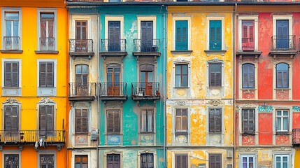 Brightly Painted Facades Building Close Up Photo. AI Generated
