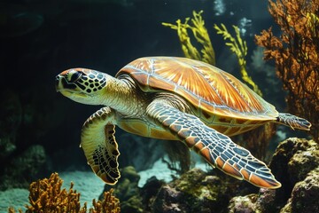 Obraz premium Sea turtle swimming gracefully in an underwater habitat filled with vibrant marine life
