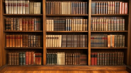 Classic books arranged neatly in a wooden shelf highlighting a diverse collection of literature and knowledge