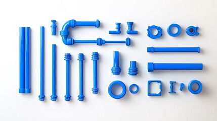 Blue PVC pipes and connectors forming a simple plumbing layout, arranged on a white background