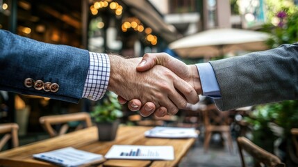 Business professionals shake hands outdoors at a cafe in a bustling city, sealing a deal during sunny afternoon hours