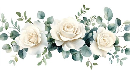 Fototapeta premium Watercolor white roses and eucalyptus greenery floral bouquet, wedding flower arrangement isolated on a plain background.