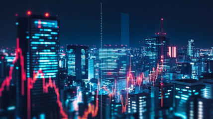 Obraz premium Cyberpunk Metropolis: A futuristic cityscape illuminated by vibrant neon lights, with glowing skyscrapers and intricate data streams weaving through the urban landscape.