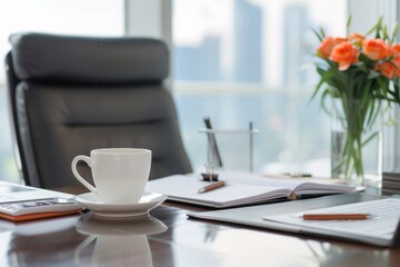 Fototapeta premium A modern office scene featuring a coffee cup, notebooks, and a vase of flowers, set against a backdrop of city skyscrapers.