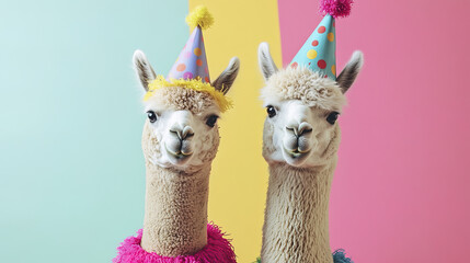 Obraz premium Two alpacas in colorful party outfits with festive hats, celebrating joyfully