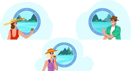 window cruise ship porthole vector. view ocean, sea cabin, glass nautical window cruise ship porthole character. people flat cartoon illustration
