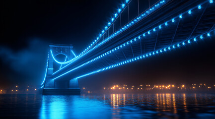 3D rendering of a bridge with blue lights over water on a black background, low-angle view.