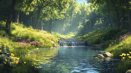 Tranquil forest stream with clear flowing water and vibrant flowers