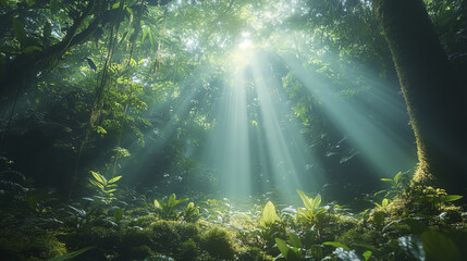 Lush Amazon jungle with sunlight beams illuminating vibrant greenery