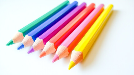 Fototapeta premium A set of vibrant colored pencils arranged on a clean white background, showcasing a variety of hues