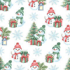 Snowmen with christmas tree, gift boxes and snowflakes. Winter seamless pattern, holiday design. Hand drawn watercolor illustration. Template for Christmas and New Year print, paper, wrapping, fabric.