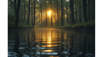 Sunlit forest with golden rays filtering through tall trees and water