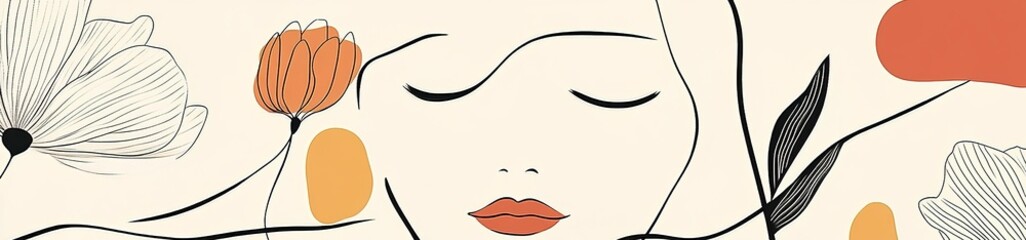 A minimalist line art illustration of a woman's face with closed eyes and flowers, rendered in light black lines on a white background