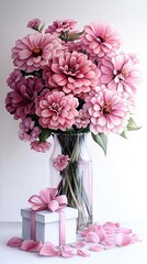 Fototapeta premium A vase holding pink blooms atop a table, adjacent to a white box adorned with a pink ribbon